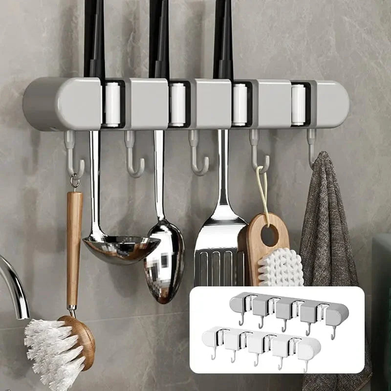 Mop and Broom Holder Wall-Mounted with Hooks