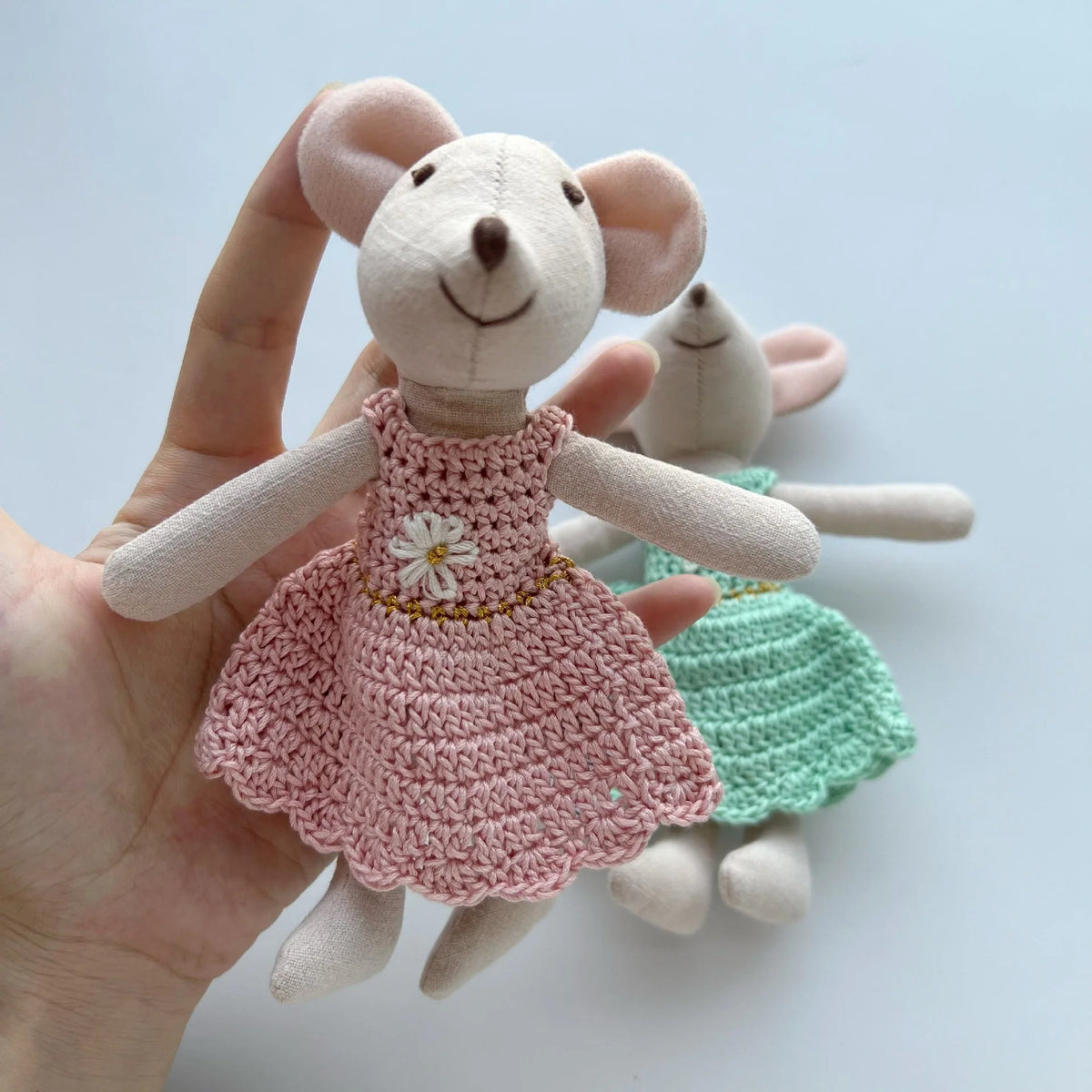 Mouse Doll Cotton-Linen Crocheted Floral Dress