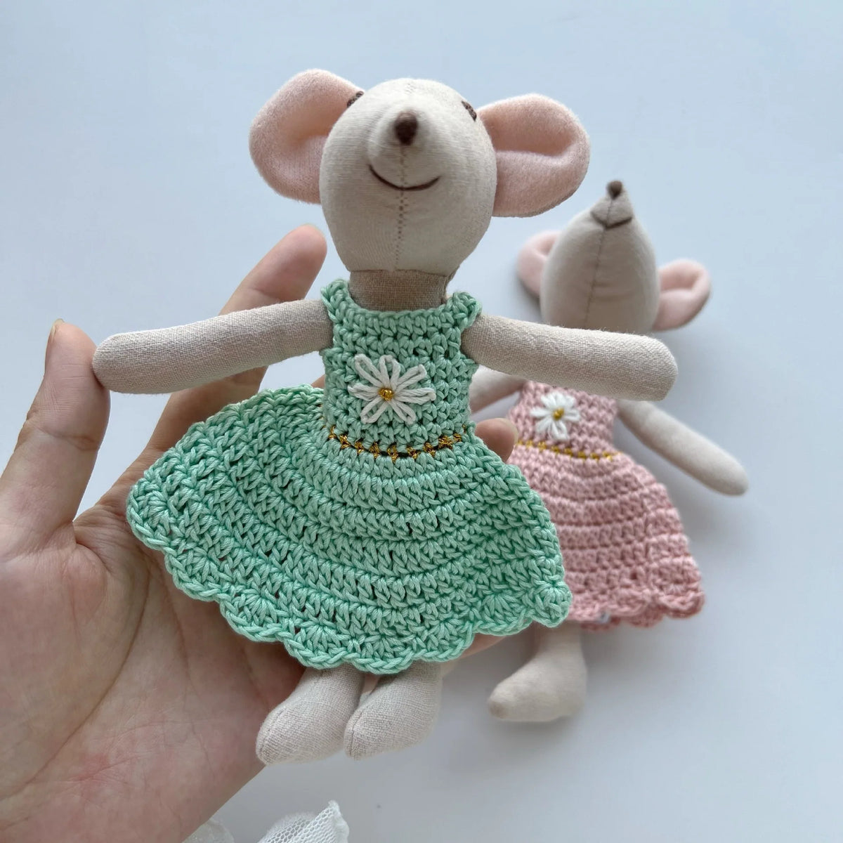 Mouse Doll Cotton-Linen Crocheted Floral Dress