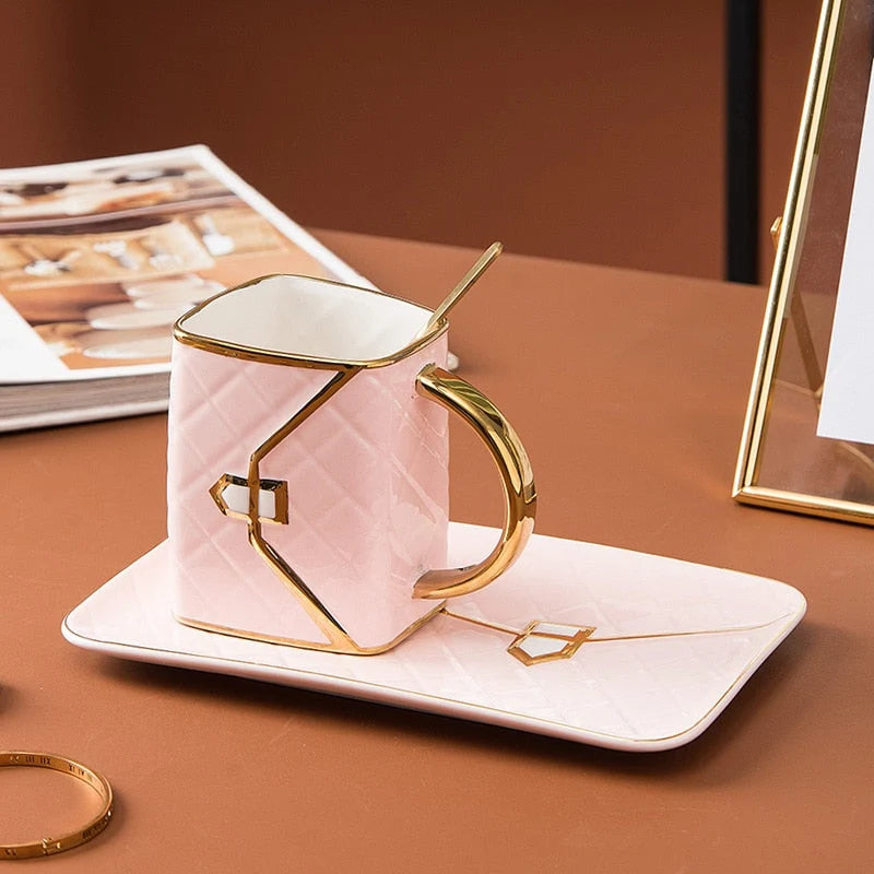Mug Set Ceramic Gold Handle With Saucer & Spoon
