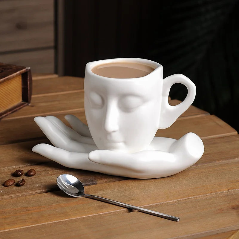 Mug and Saucer Set Ceramic Sculptural Face Design 8.8 Oz