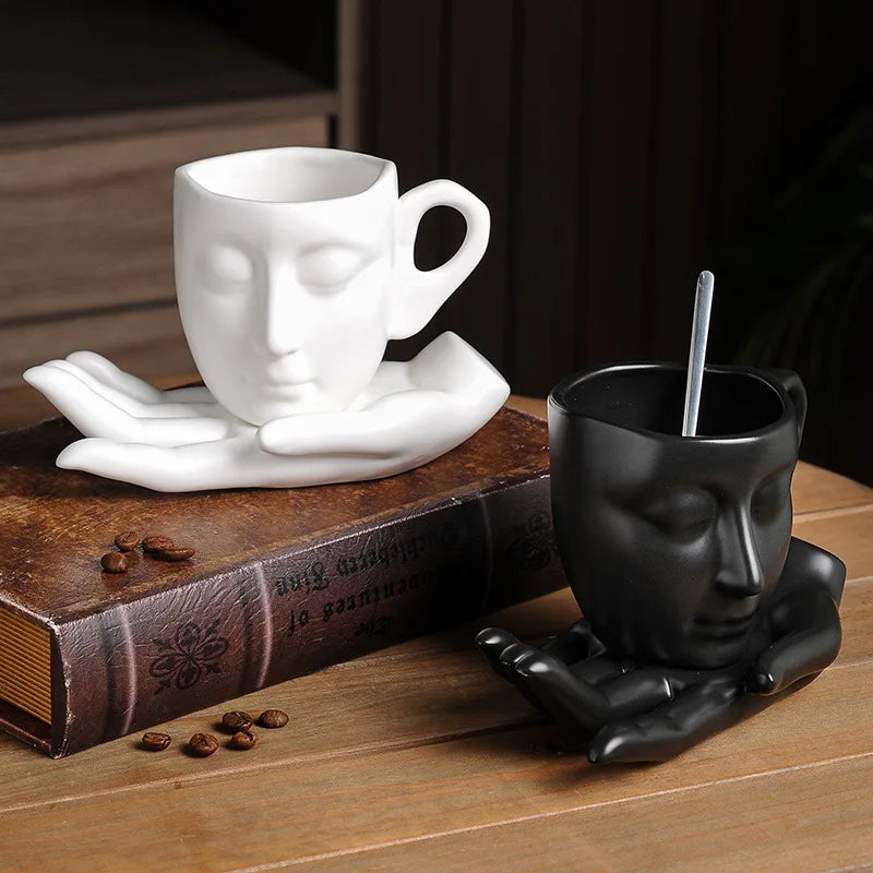 Mug and Saucer Set Ceramic Sculptural Face Design 8.8 Oz