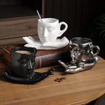 Mug and Saucer Set Ceramic Sculptural Face Design 8.8 Oz