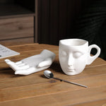Mug and Saucer Set Ceramic Sculptural Face Design 8.8 Oz