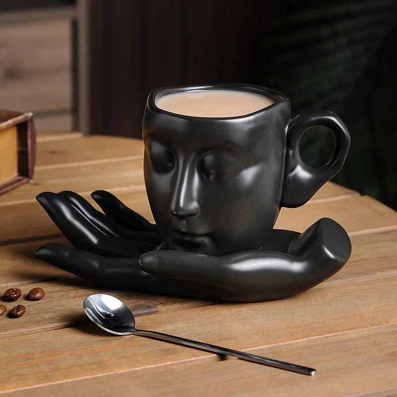 Mug and Saucer Set Ceramic Sculptural Face Design 8.8 Oz