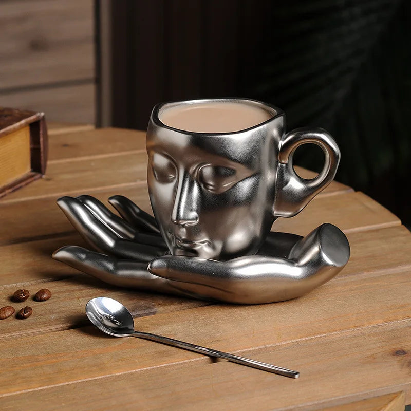 Mug and Saucer Set Ceramic Sculptural Face Design 8.8 Oz