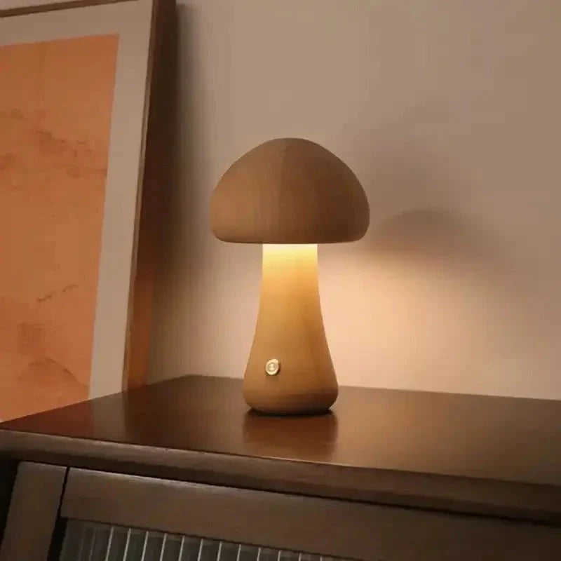 Mushroom Night Light Dimmable Touch Rechargeable Wood Finish