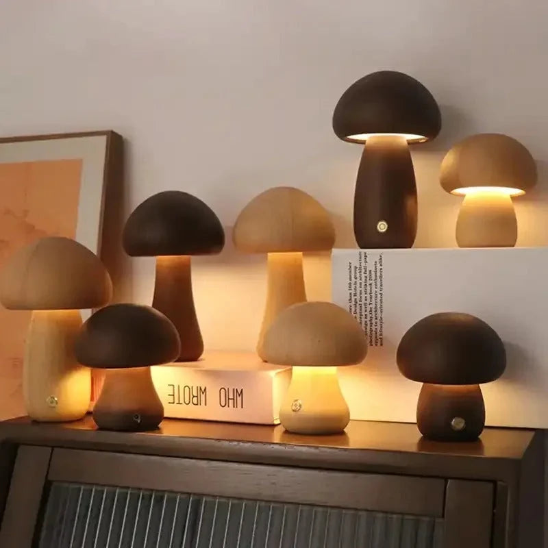 Mushroom Night Light Dimmable Touch Rechargeable Wood Finish