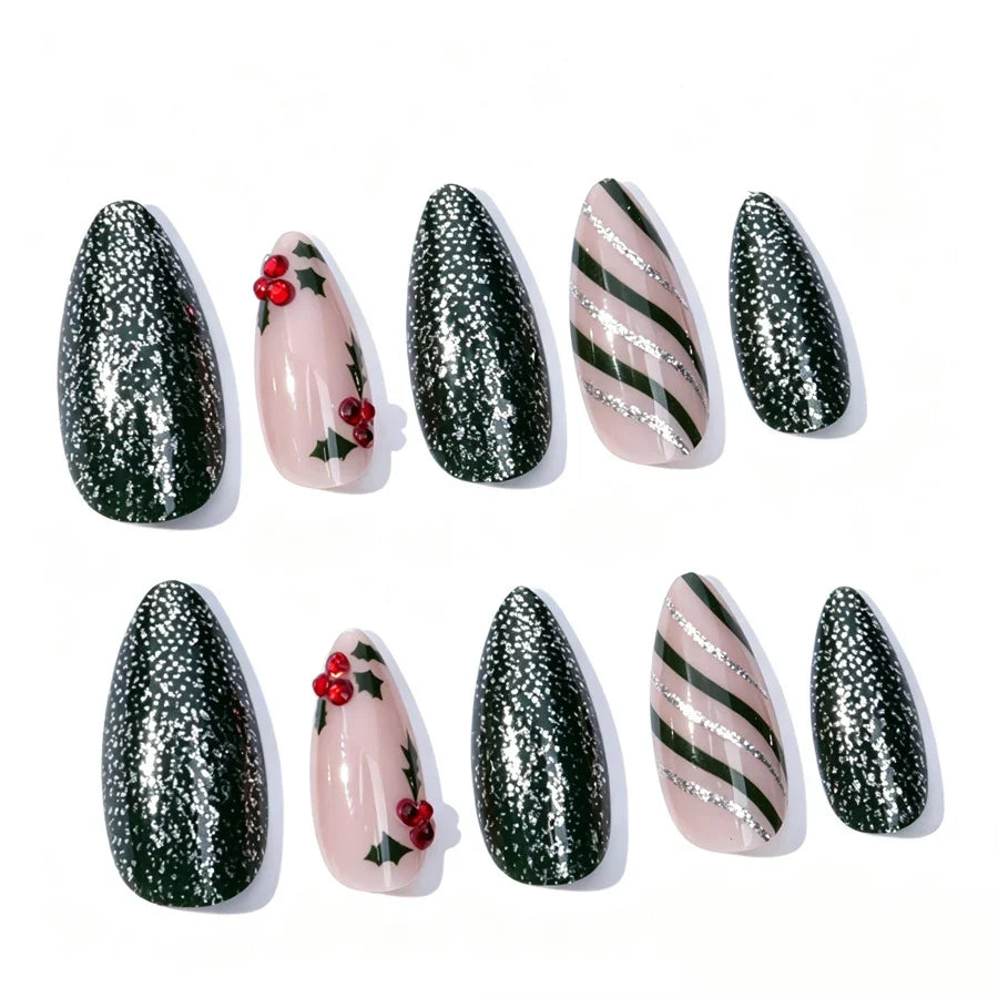 Nail Art Kit Green Glitter & Holly Motifs Chip-Resistant