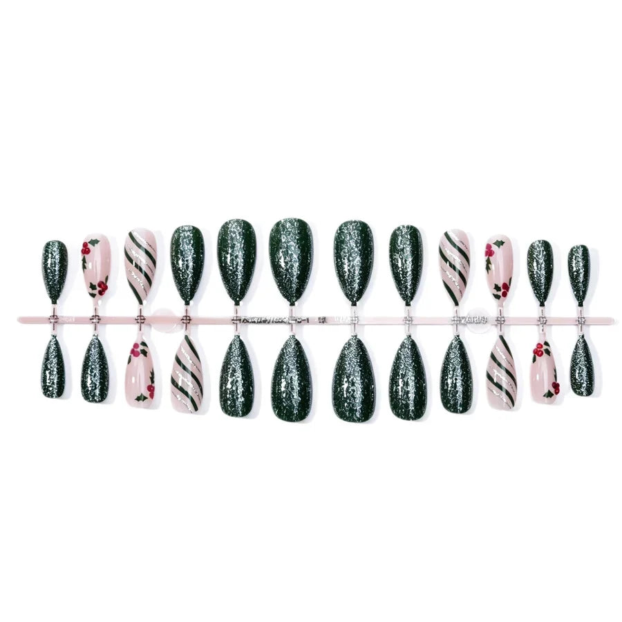 Nail Art Kit Green Glitter & Holly Motifs Chip-Resistant