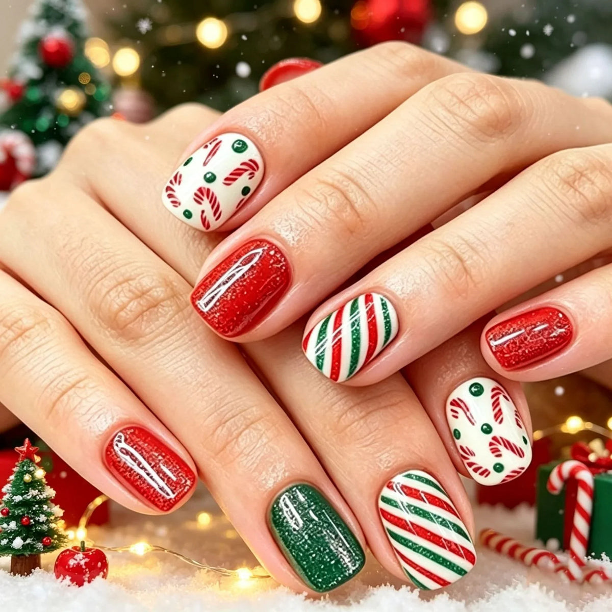 Nail Art Set Holiday Candy Cane Designs Chip-Resistant 24-Piece