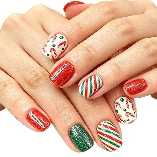 Nail Art Set Holiday Candy Cane Designs Chip-Resistant 24-Piece