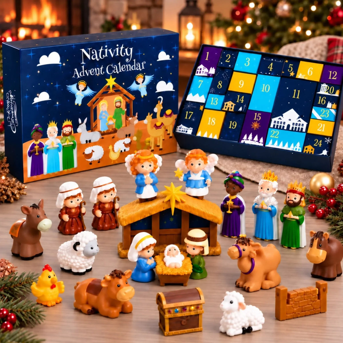 Nativity Advent Calendar 24-Day Christmas Countdown Colorful Scene
