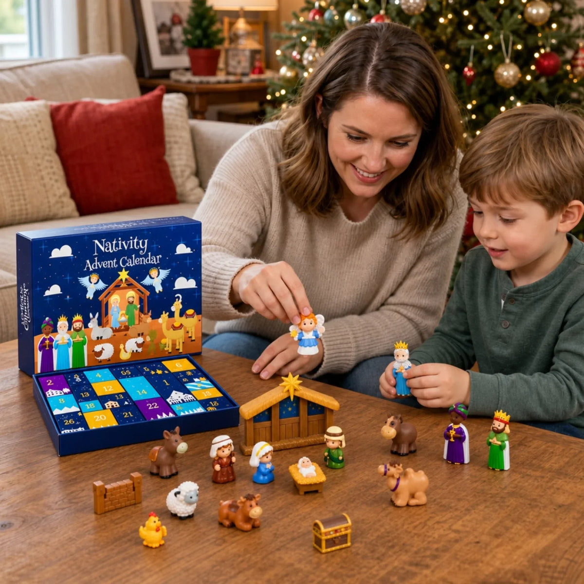 Nativity Advent Calendar 24-Day Christmas Countdown Colorful Scene