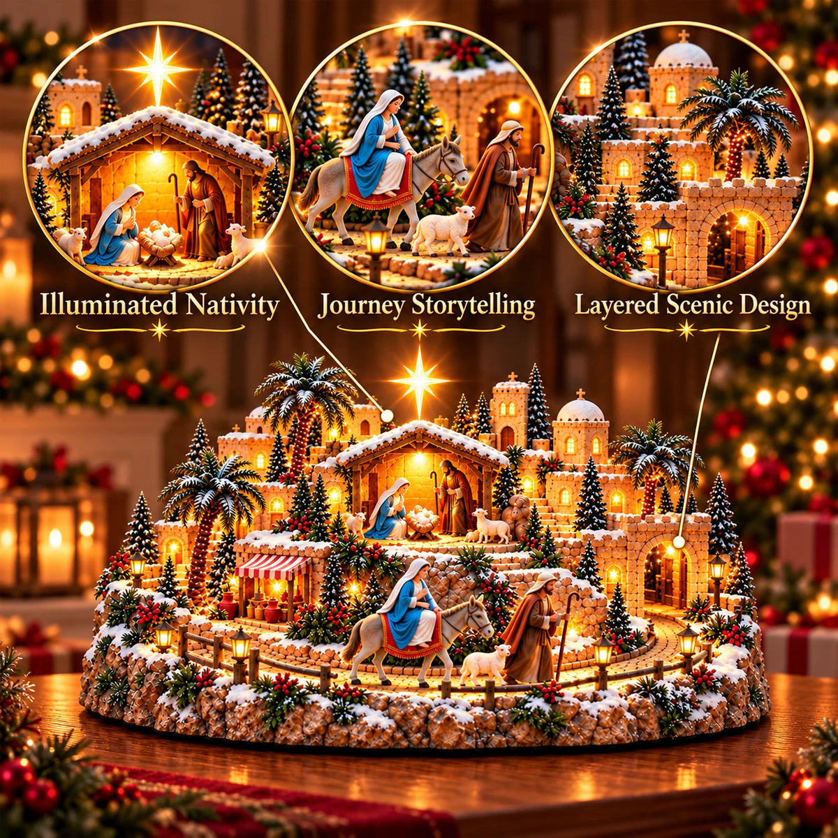 Nativity Scene Lighted Christmas Village with Bethlehem Star
