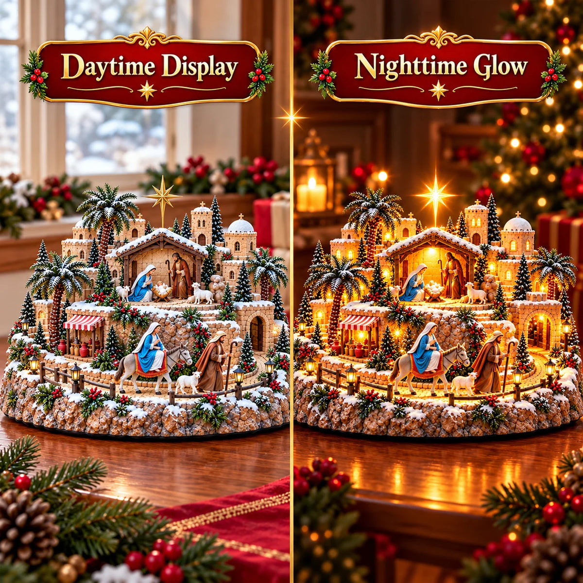 Nativity Scene Lighted Christmas Village with Bethlehem Star