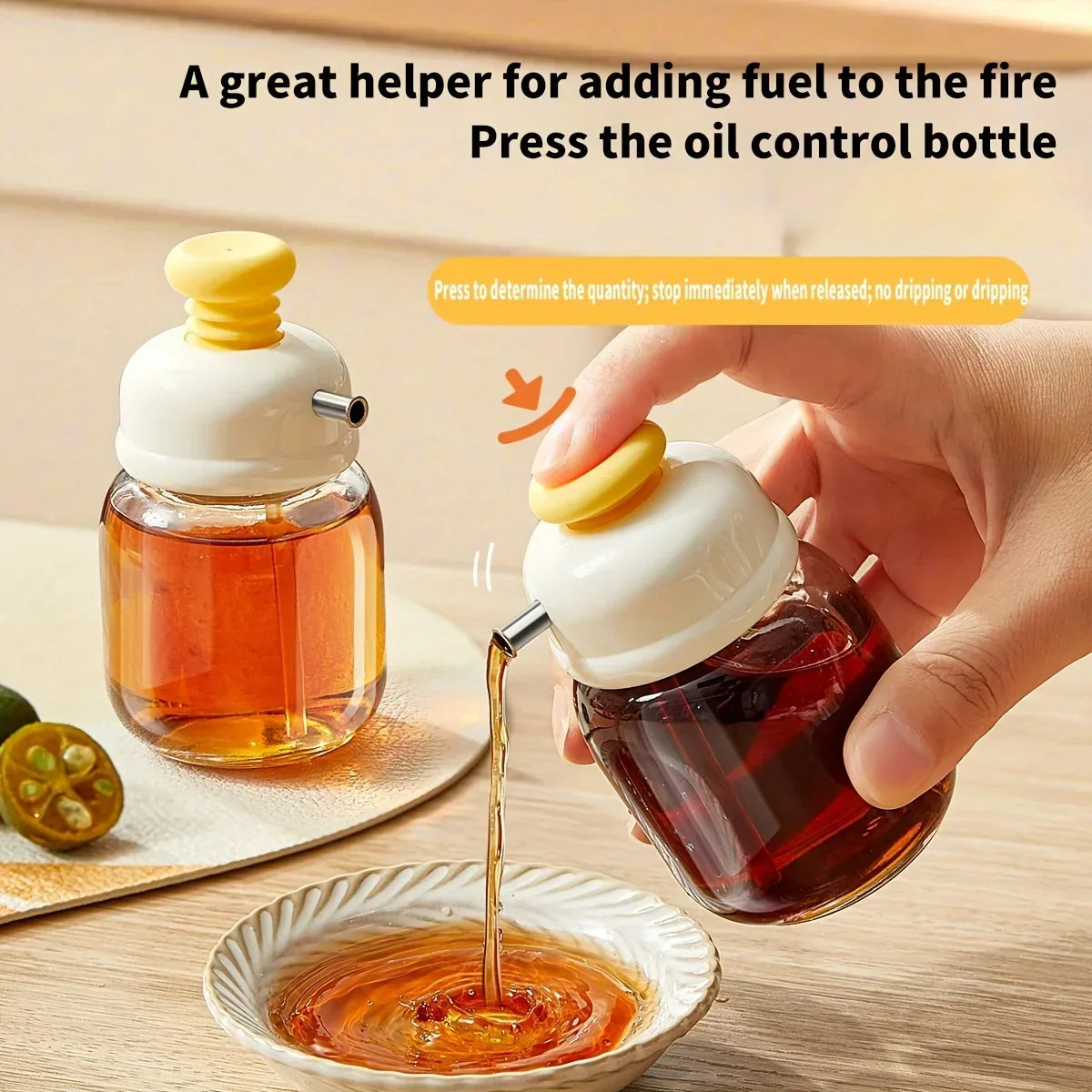 Oil And Sauce Dispenser Bottle Glass Press-Control Drip-Free Spout