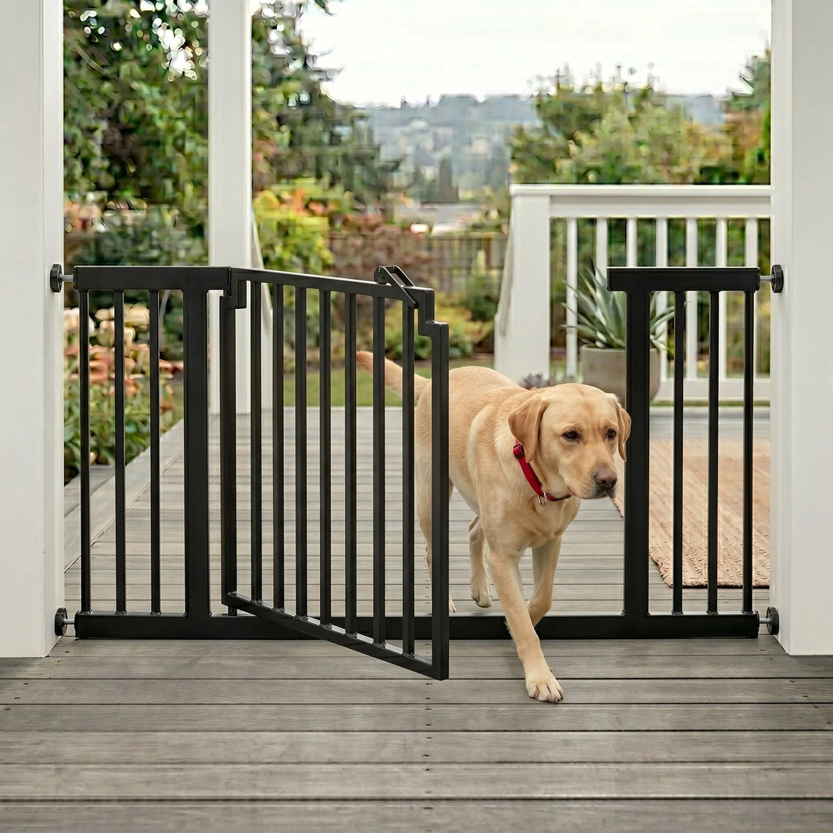Outdoor Dog Gate Extra Wide Steel Walk-Through Door Pressure-Mounted, Weather-Resistant