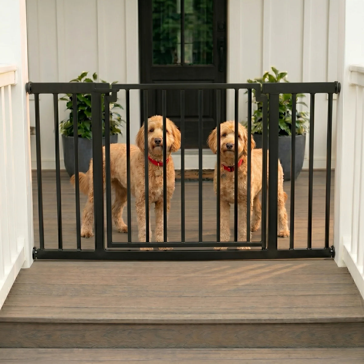 Outdoor Dog Gate Extra Wide Steel Walk-Through Door Pressure-Mounted, Weather-Resistant