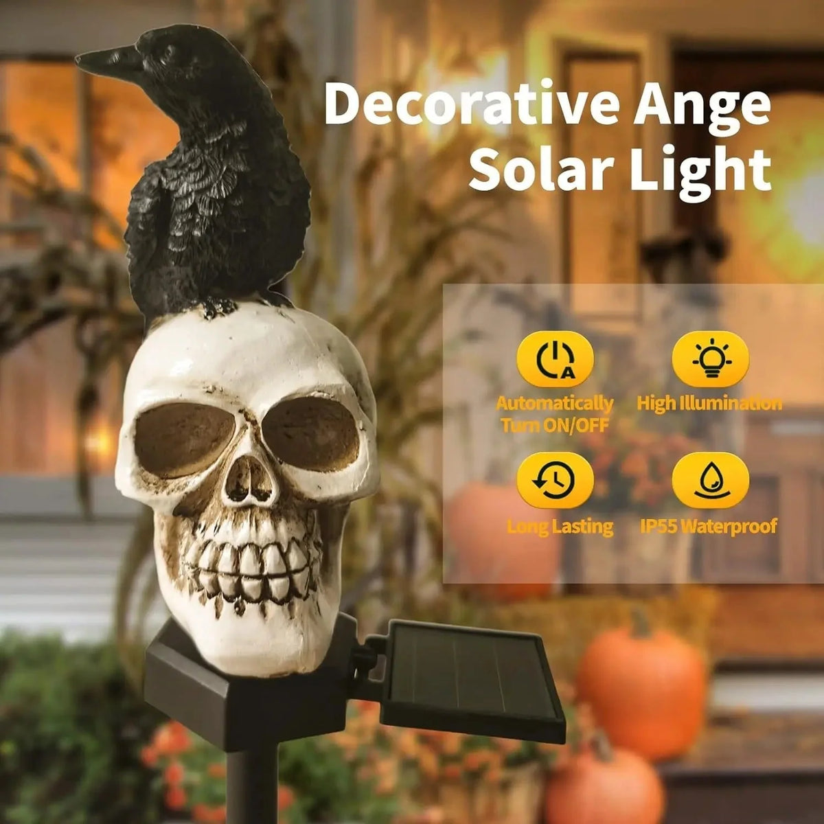 Outdoor Pathway Light Raven Skull Solar-Powered Auto On/Off