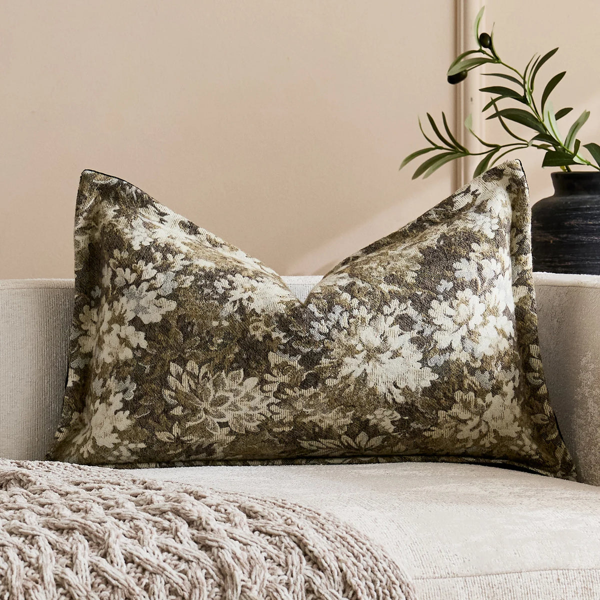 Oversized Throw Pillow Cover Jacquard Floral Velvet Hidden Zipper