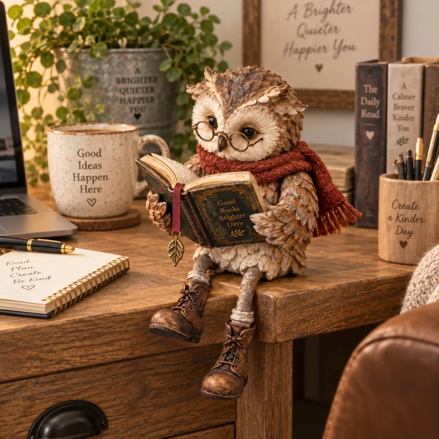 Owl Figurine Reading Design with Glasses & Open Book