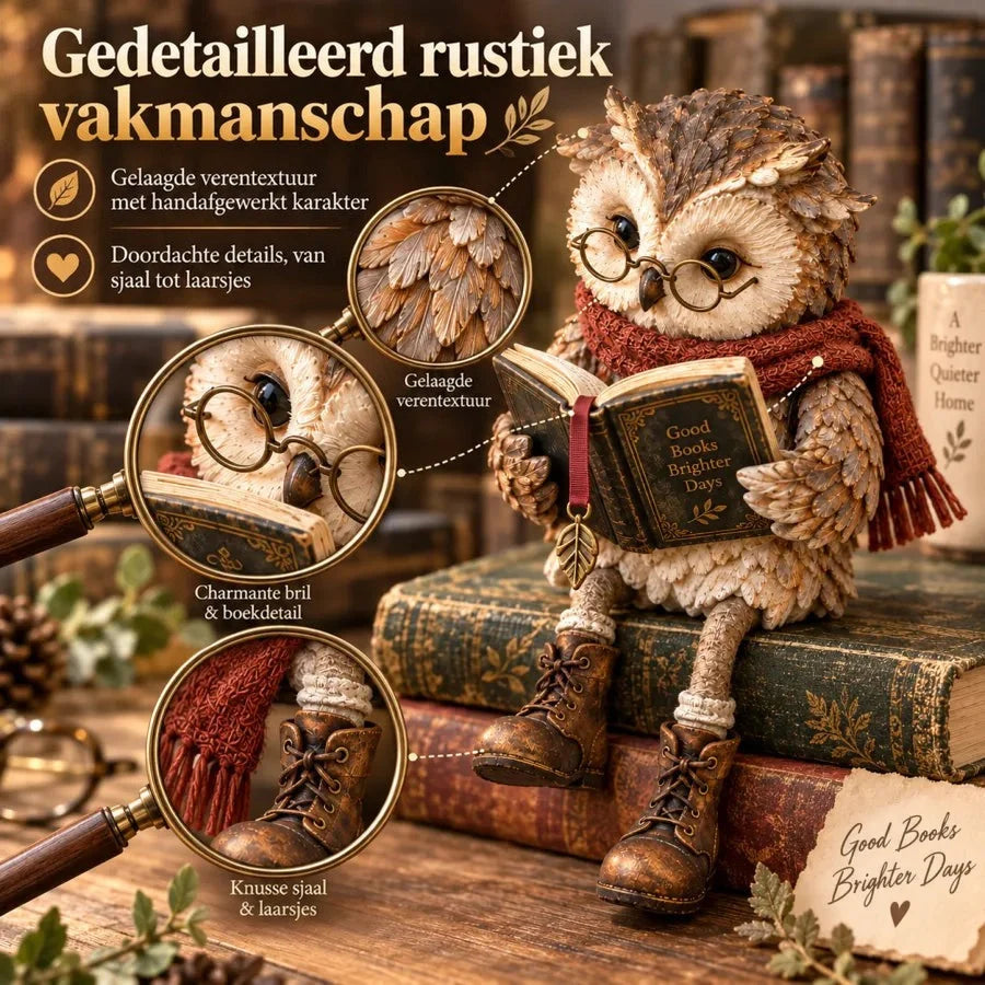 Owl Figurine Reading Design with Glasses & Open Book