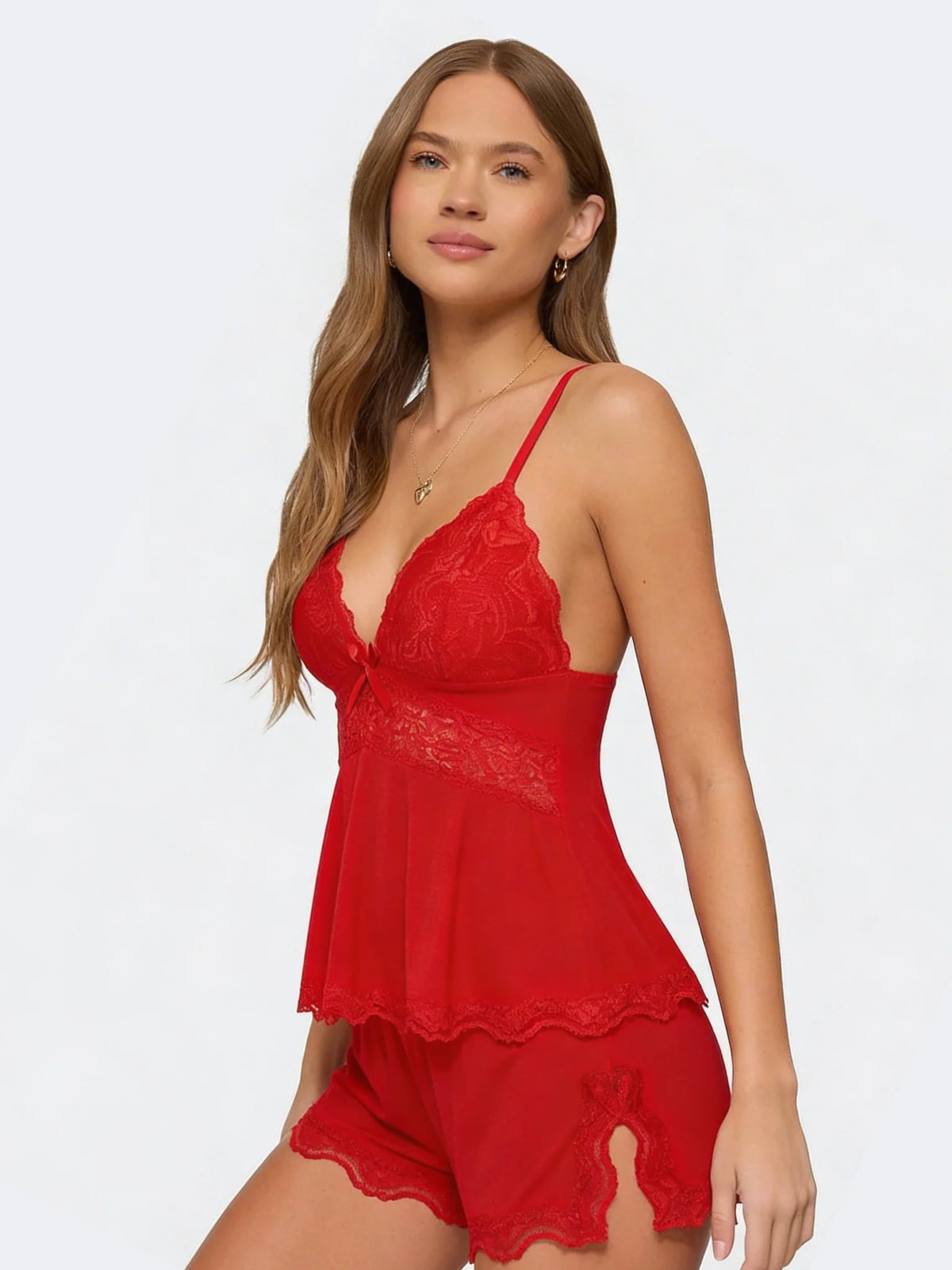 Pajama Set Lace Trim Adjustable Straps Soft Stretch Fabric