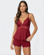 Pajama Set Lace Trim Adjustable Straps Soft Stretch Fabric