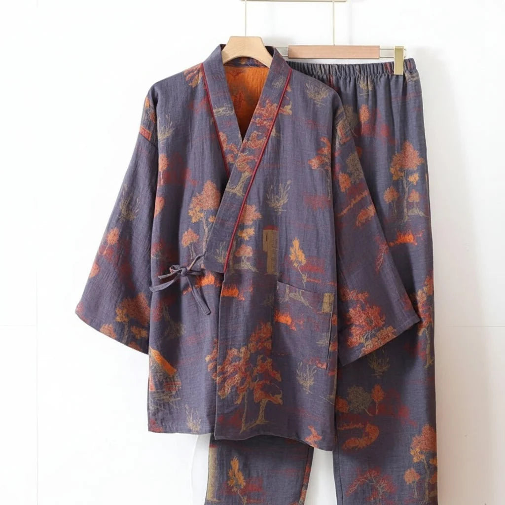Pajama Set Pure Cotton Kimono Style Watercolor Print