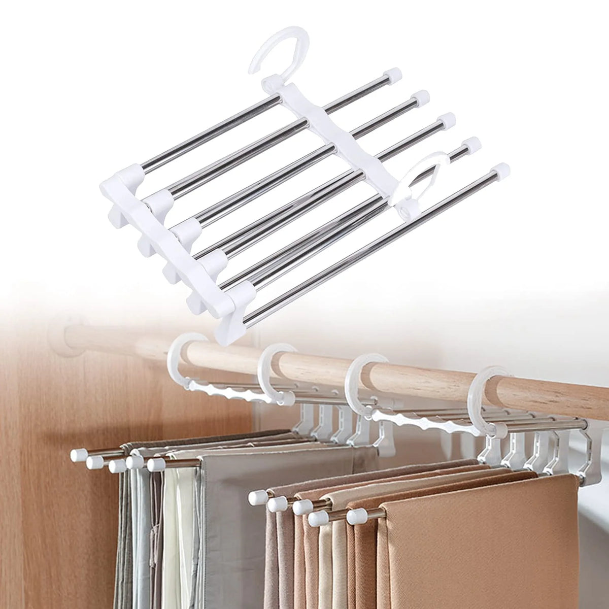 Pants Hanger Stainless Steel Foldable Space-Saving Holds 5 Pairs