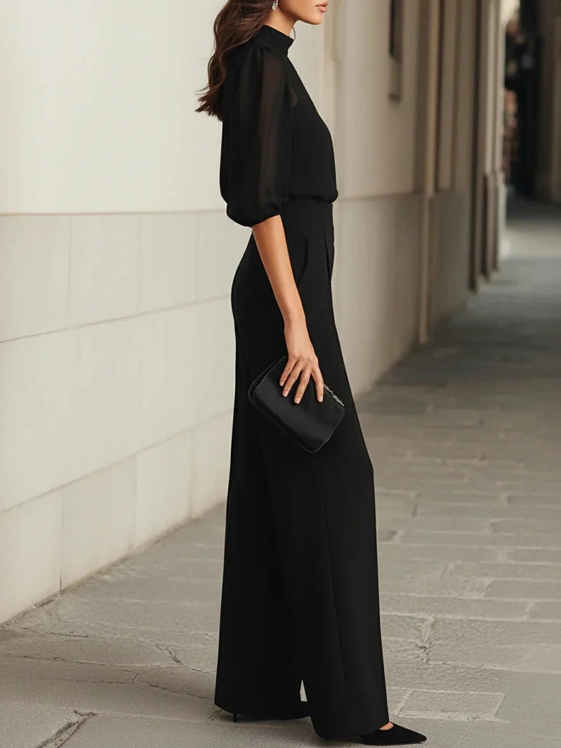 Pants Set Three-Piece Sheer Chiffon Blouse Wide-Leg Pants