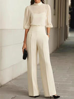 Pants Set Three-Piece Sheer Chiffon Blouse Wide-Leg Pants