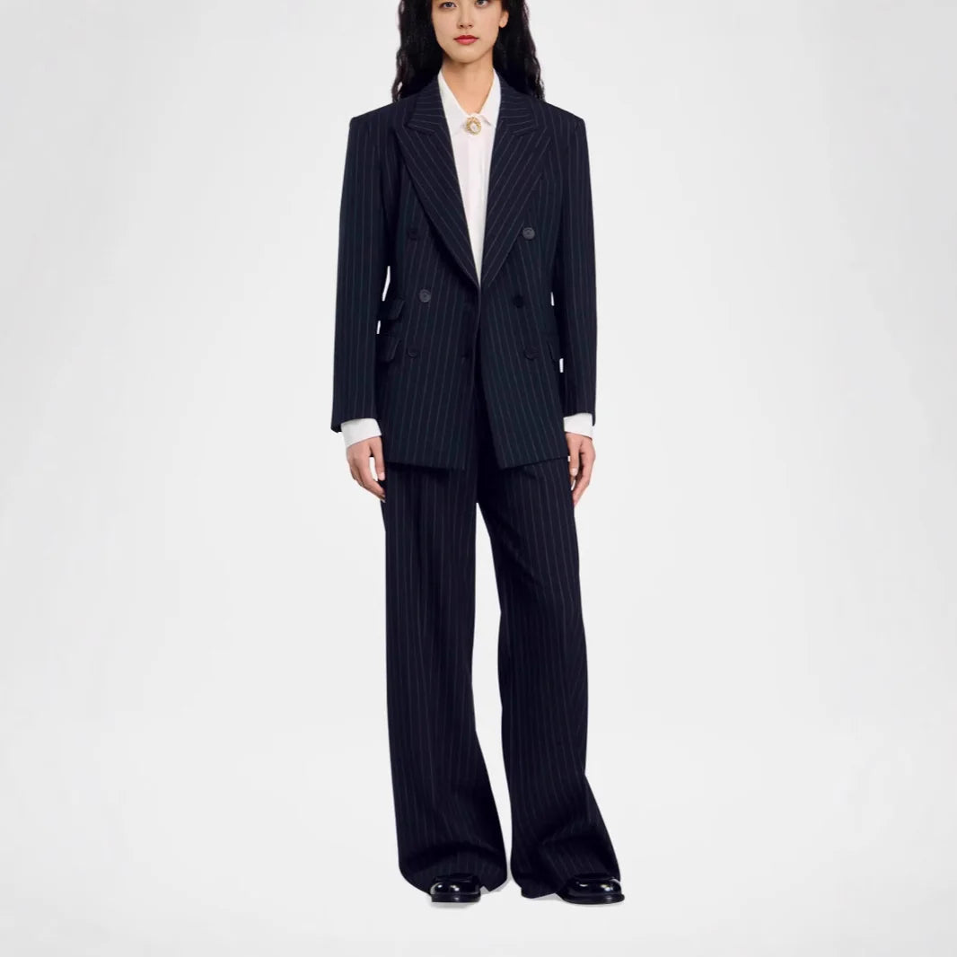 Pantsuit Wool Blend Pinstripe Wide-Leg Trousers