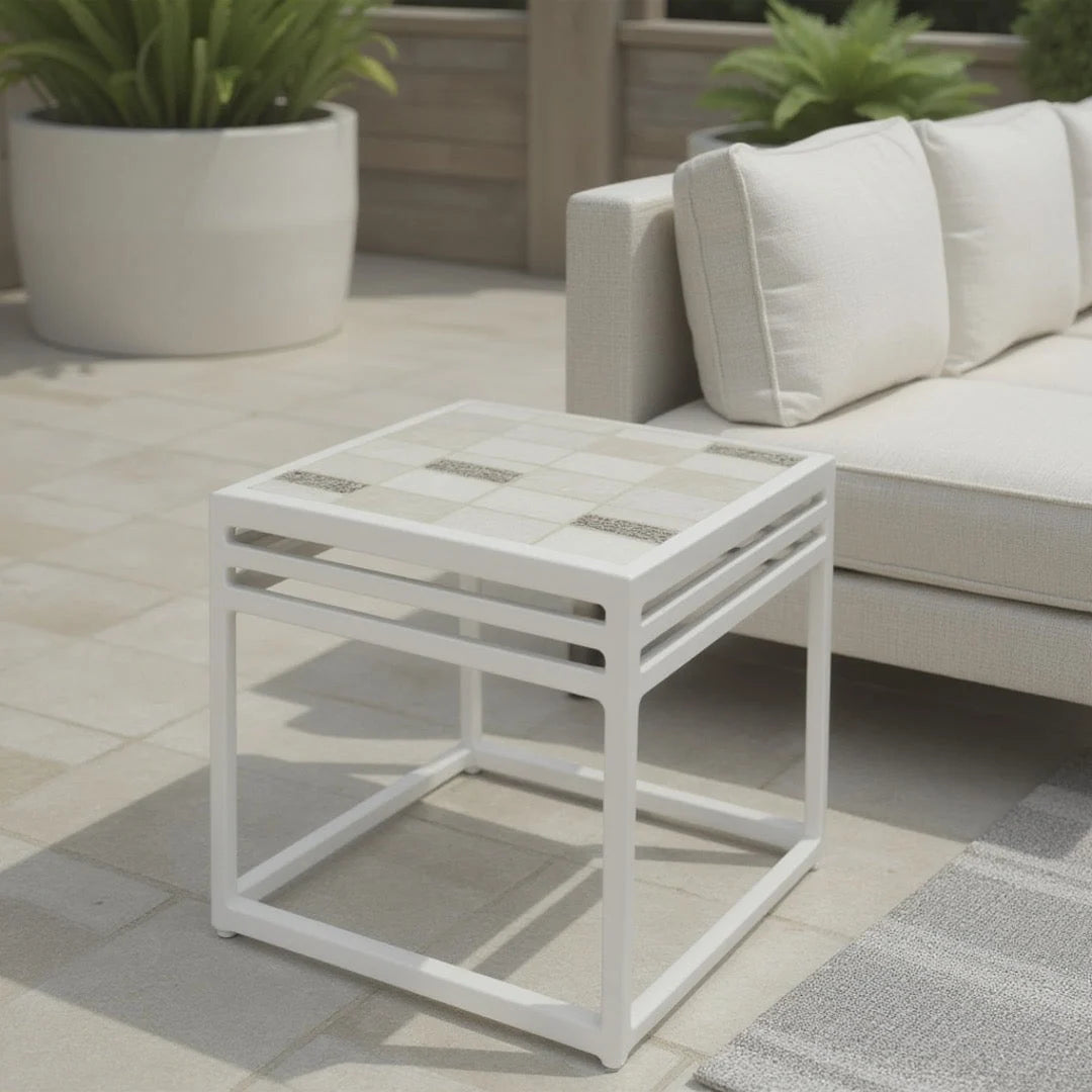 Patio Side Table Ceramic Mosaic Tile Top Steel Frame UV-Resistant Finish