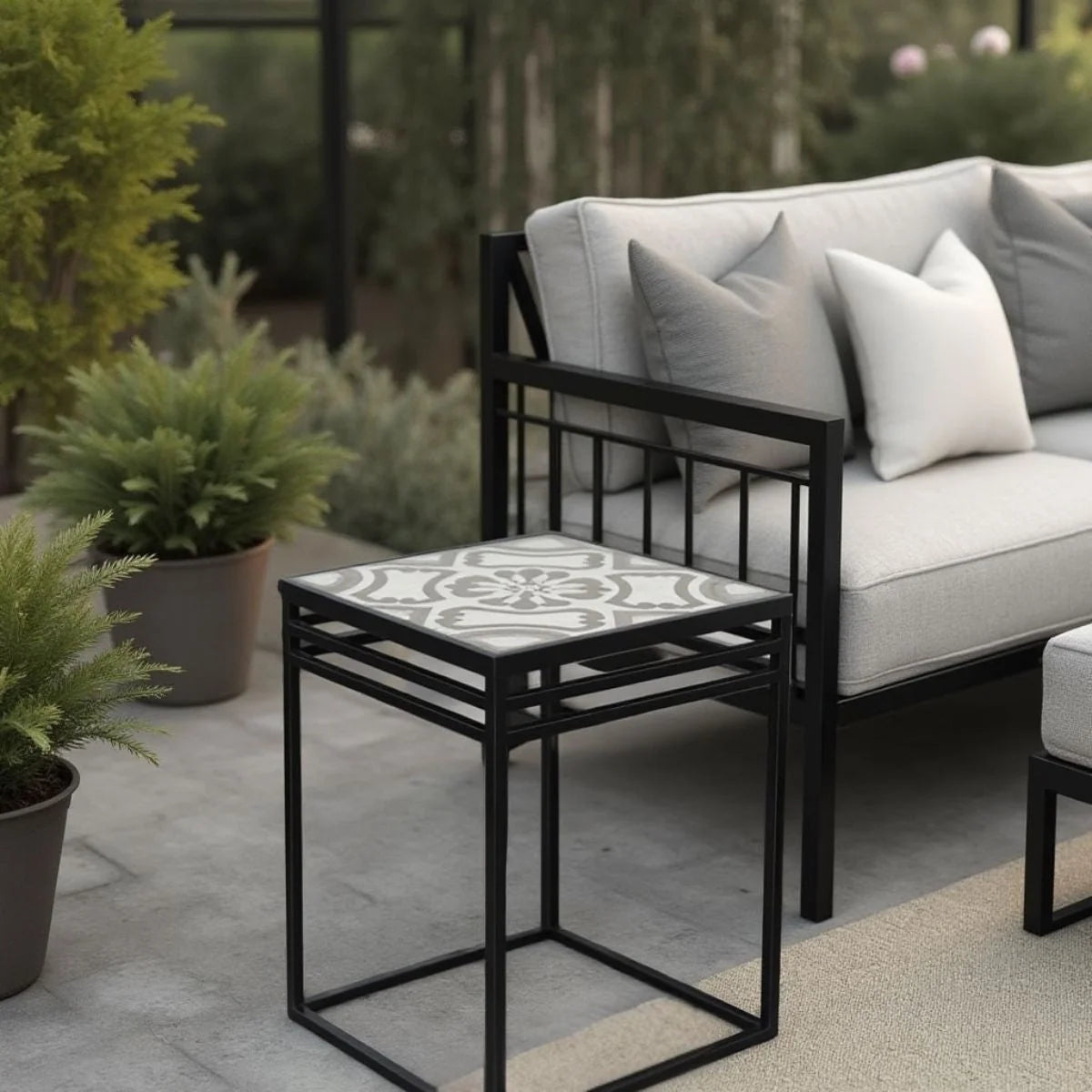 Patio Side Table Ceramic Mosaic Tile Top Steel Frame UV-Resistant Finish