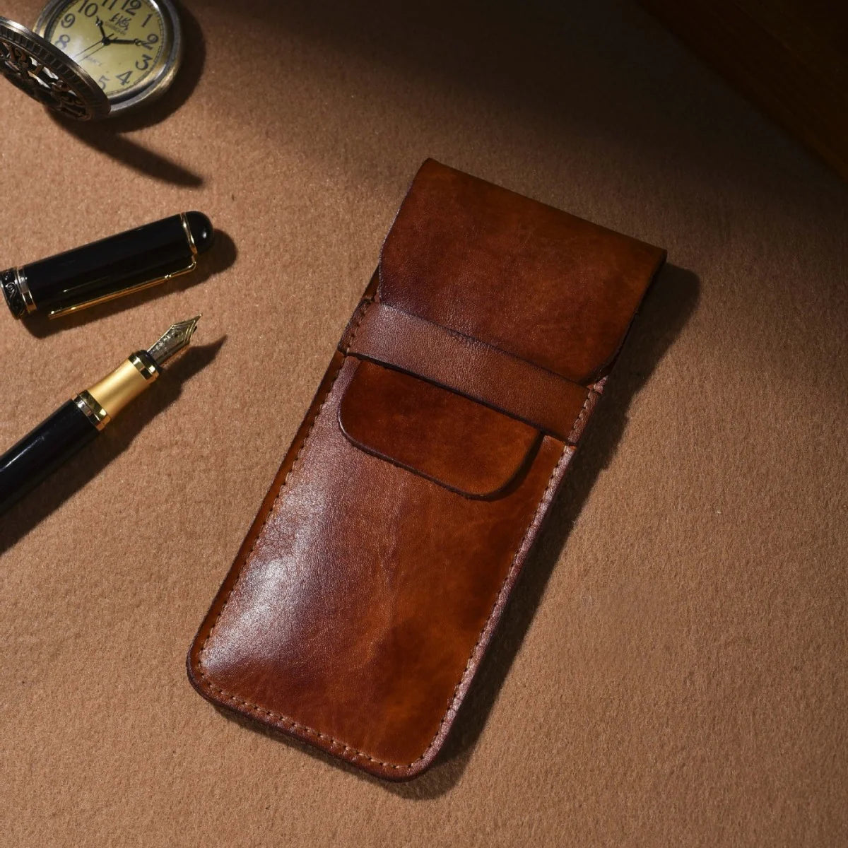 Pen Case Genuine Leather Snap Button Closure Multi-Pen Storage