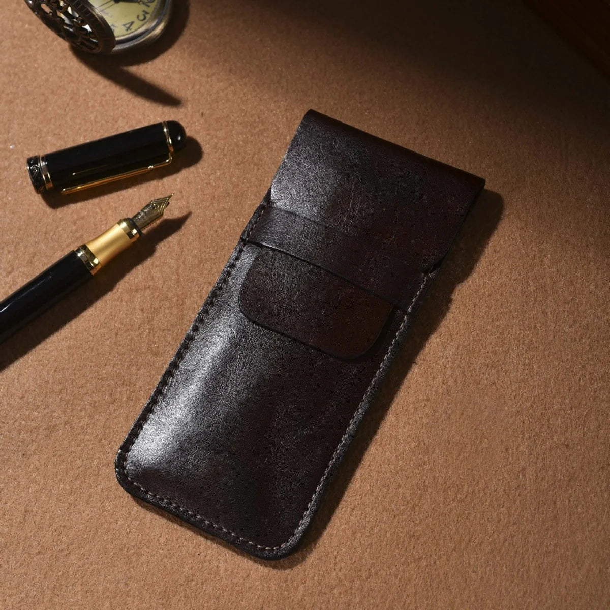 Pen Case Genuine Leather Snap Button Closure Multi-Pen Storage