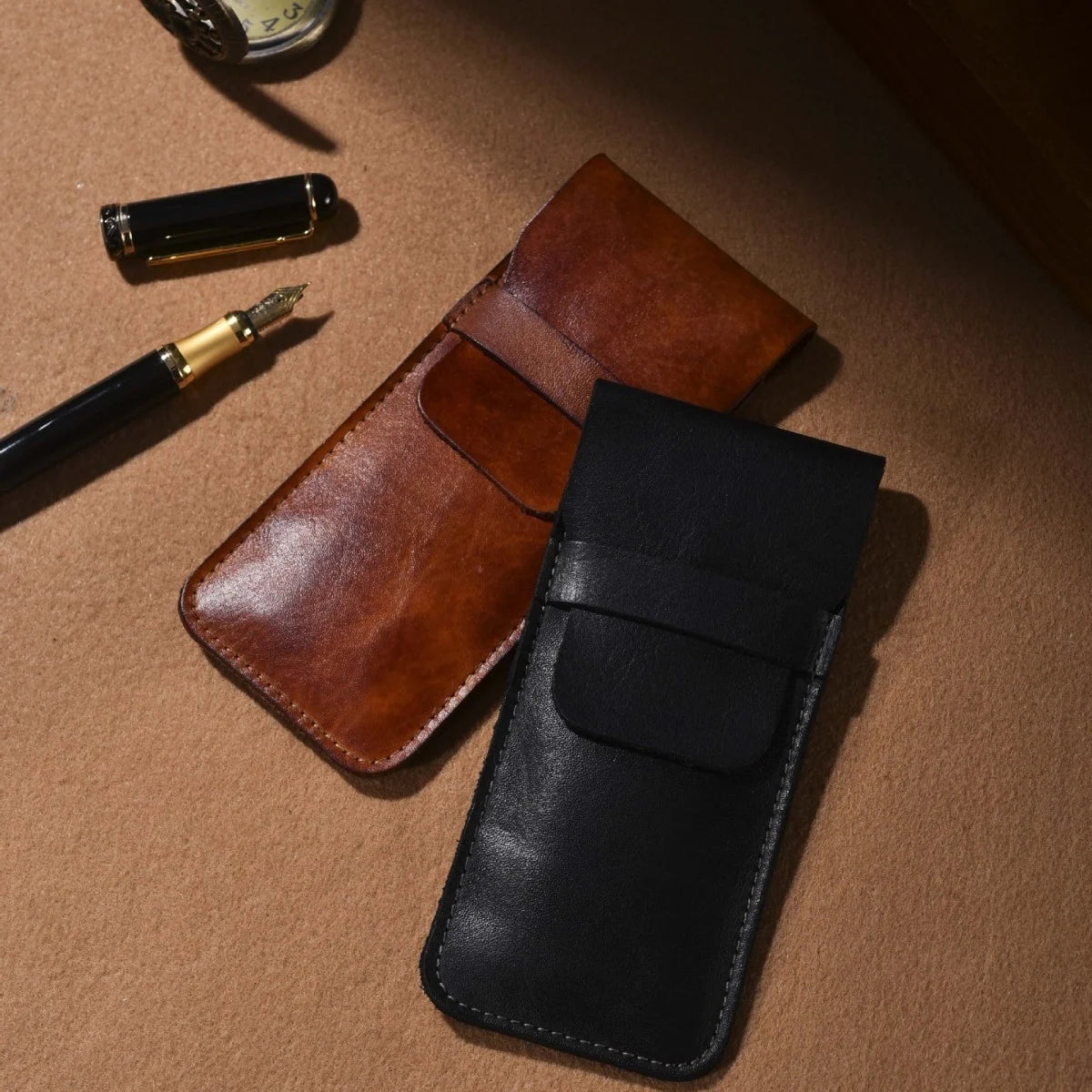 Pen Case Genuine Leather Snap Button Closure Multi-Pen Storage