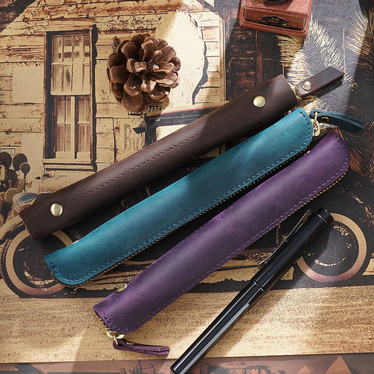 Pencil Case Genuine Leather Zipper Closure Compact Lightweight