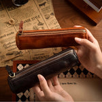 Pencil Case Genuine Leather Zipper Closure Portable Storage