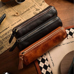 Pencil Case Genuine Leather Zipper Closure Portable Storage