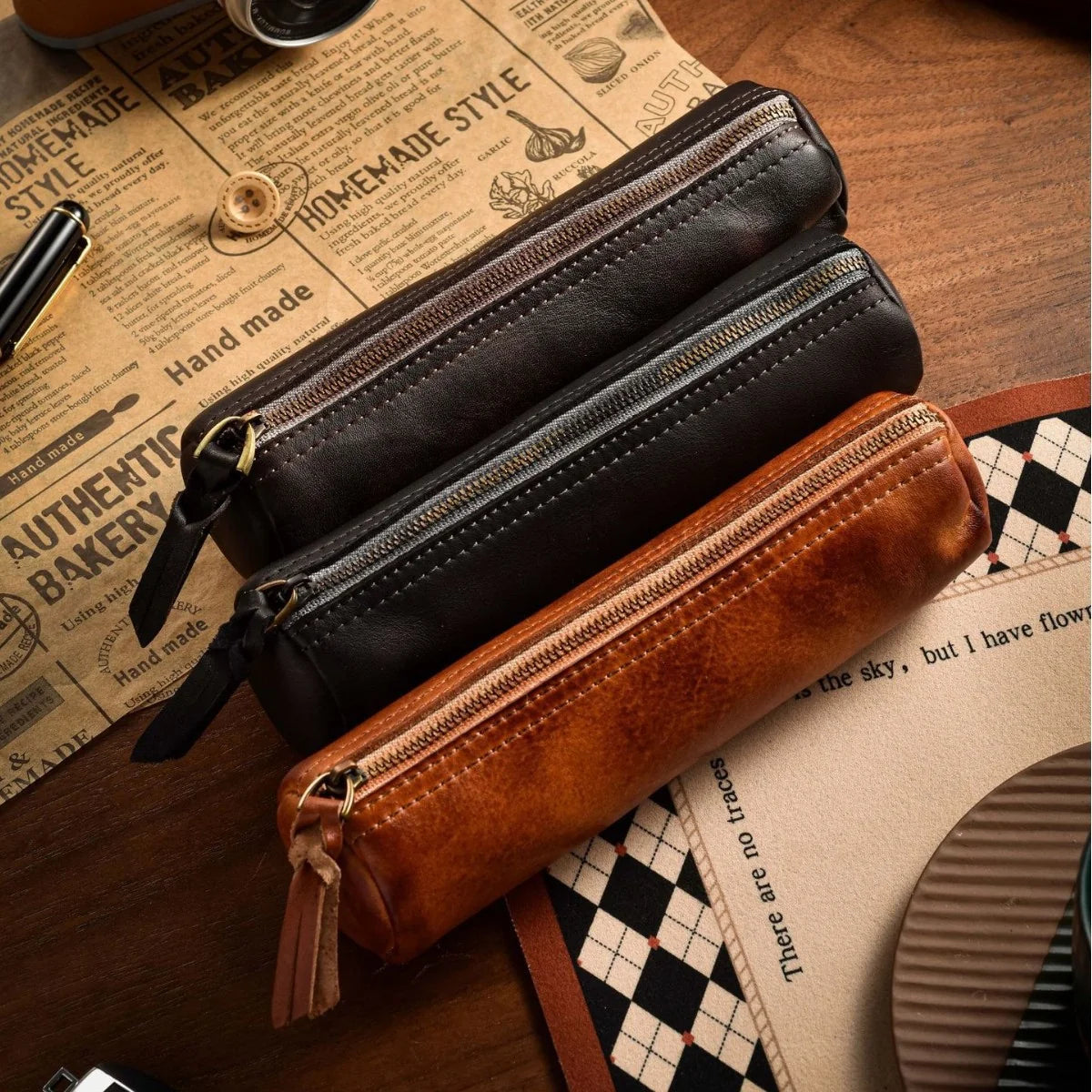 Pencil Case Genuine Leather Zipper Closure Portable Storage
