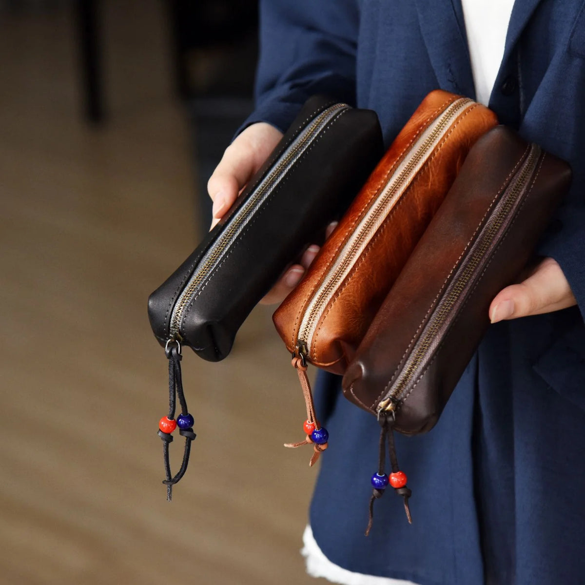 Pencil Case Leather Zipper Closure Compact Design