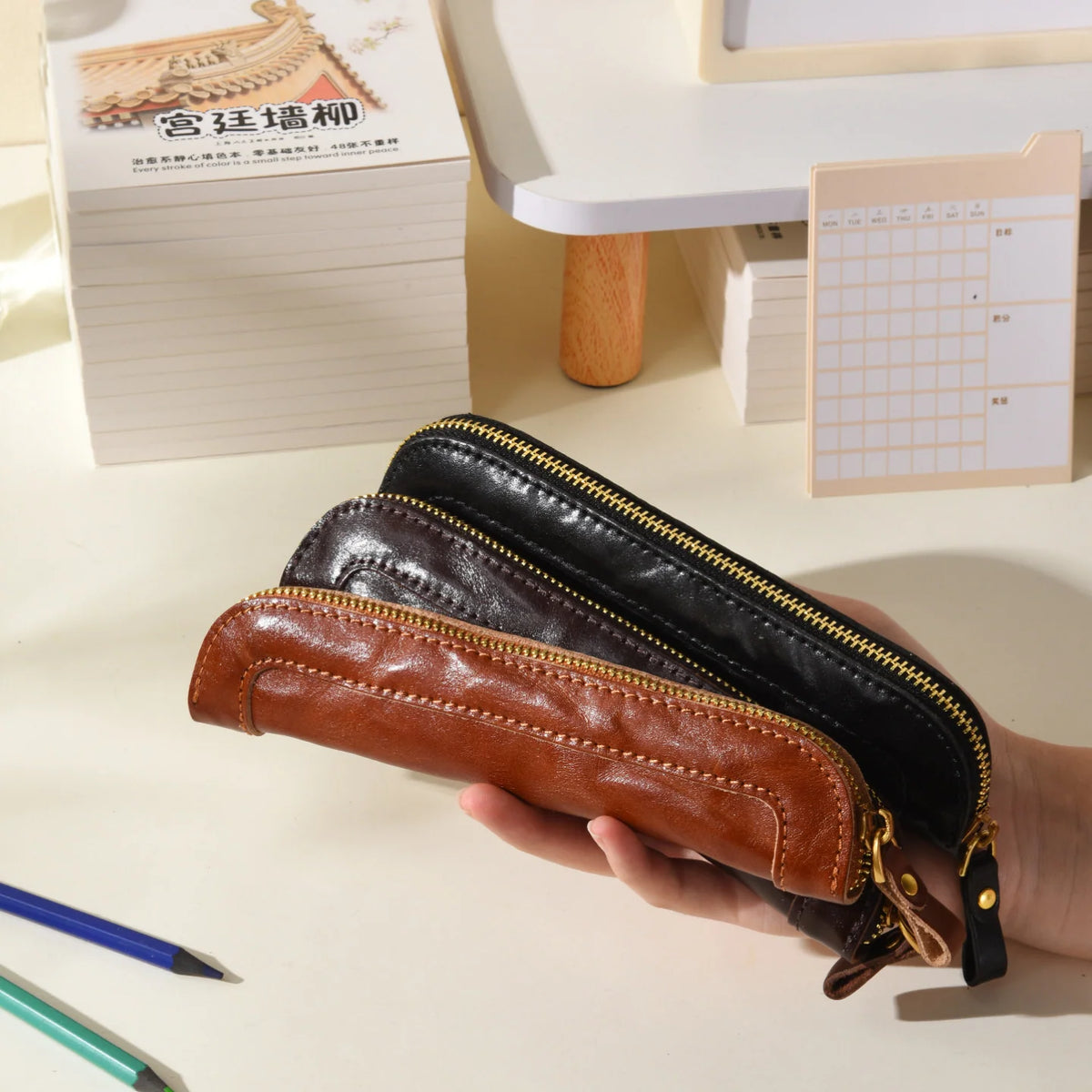 Pencil Case Leather Zipper Closure Compact Storage
