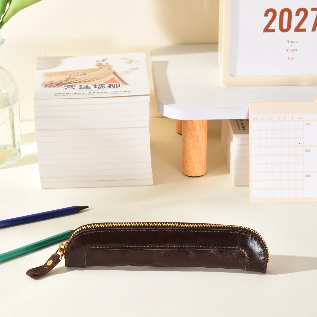 Pencil Case Leather Zipper Closure Compact Storage