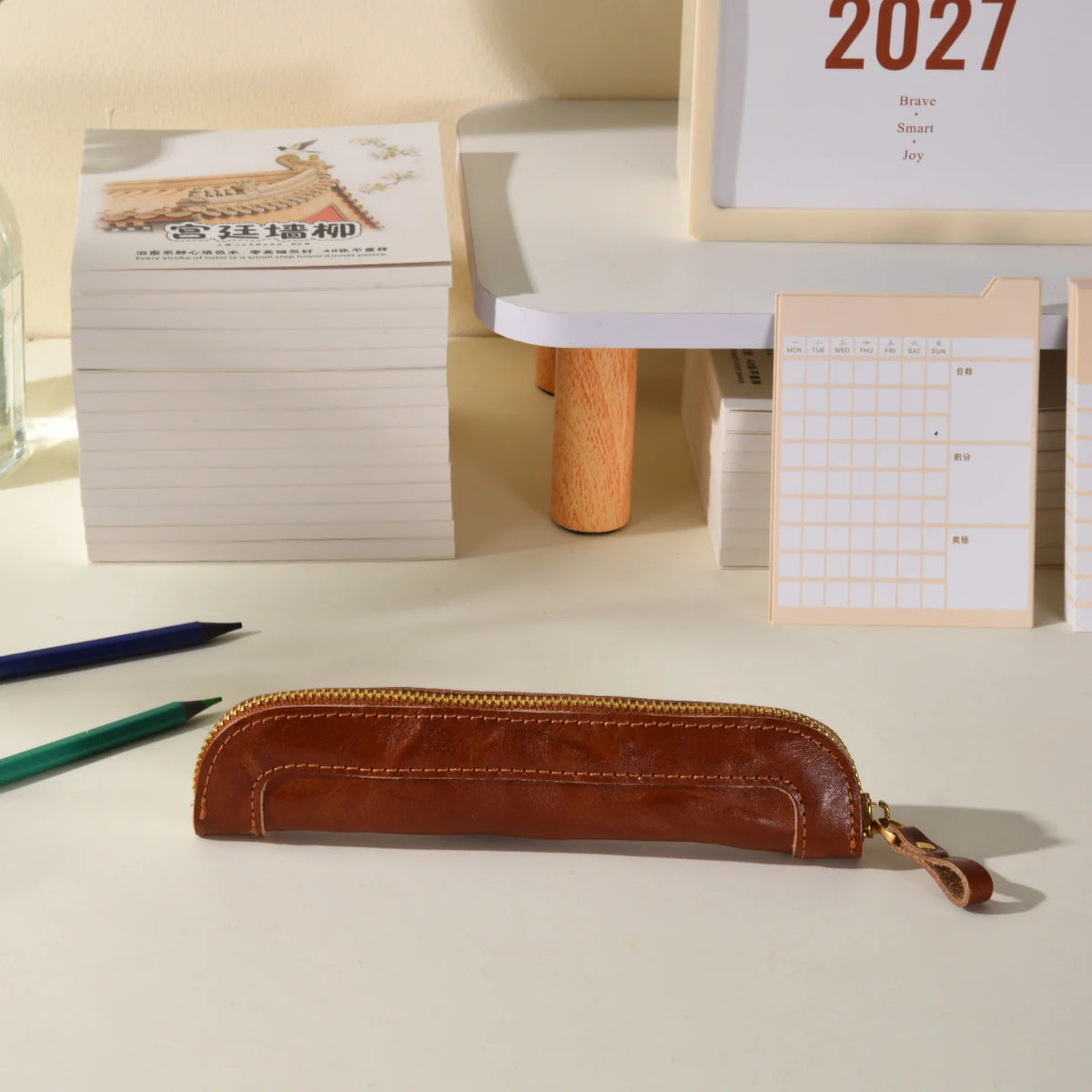 Pencil Case Leather Zipper Closure Compact Storage
