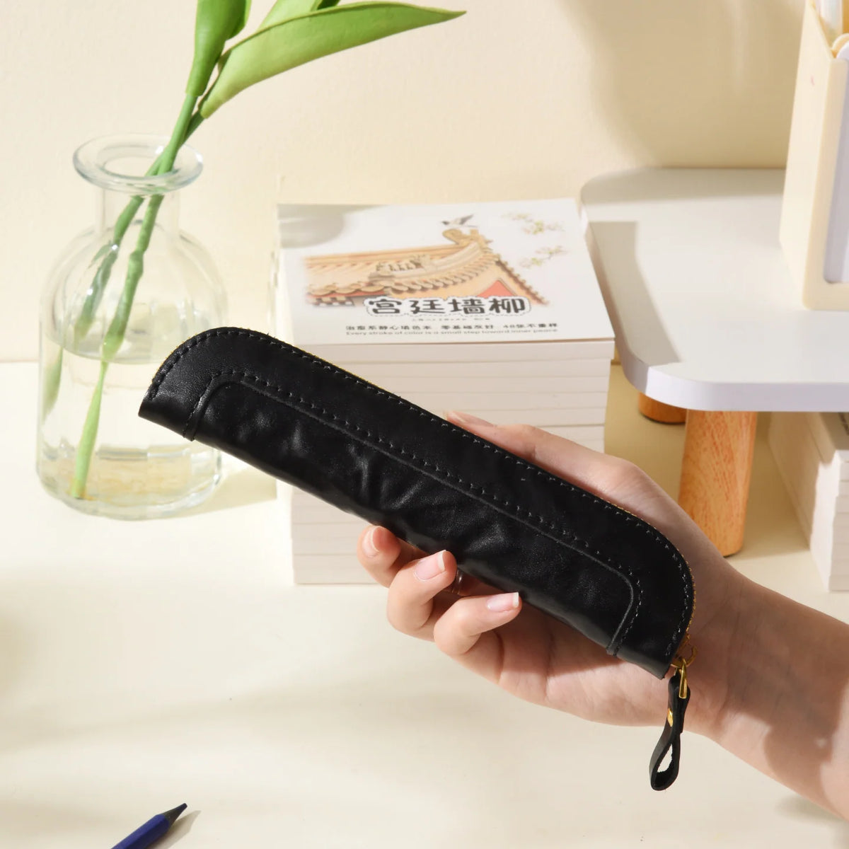 Pencil Case Leather Zipper Closure Compact Storage