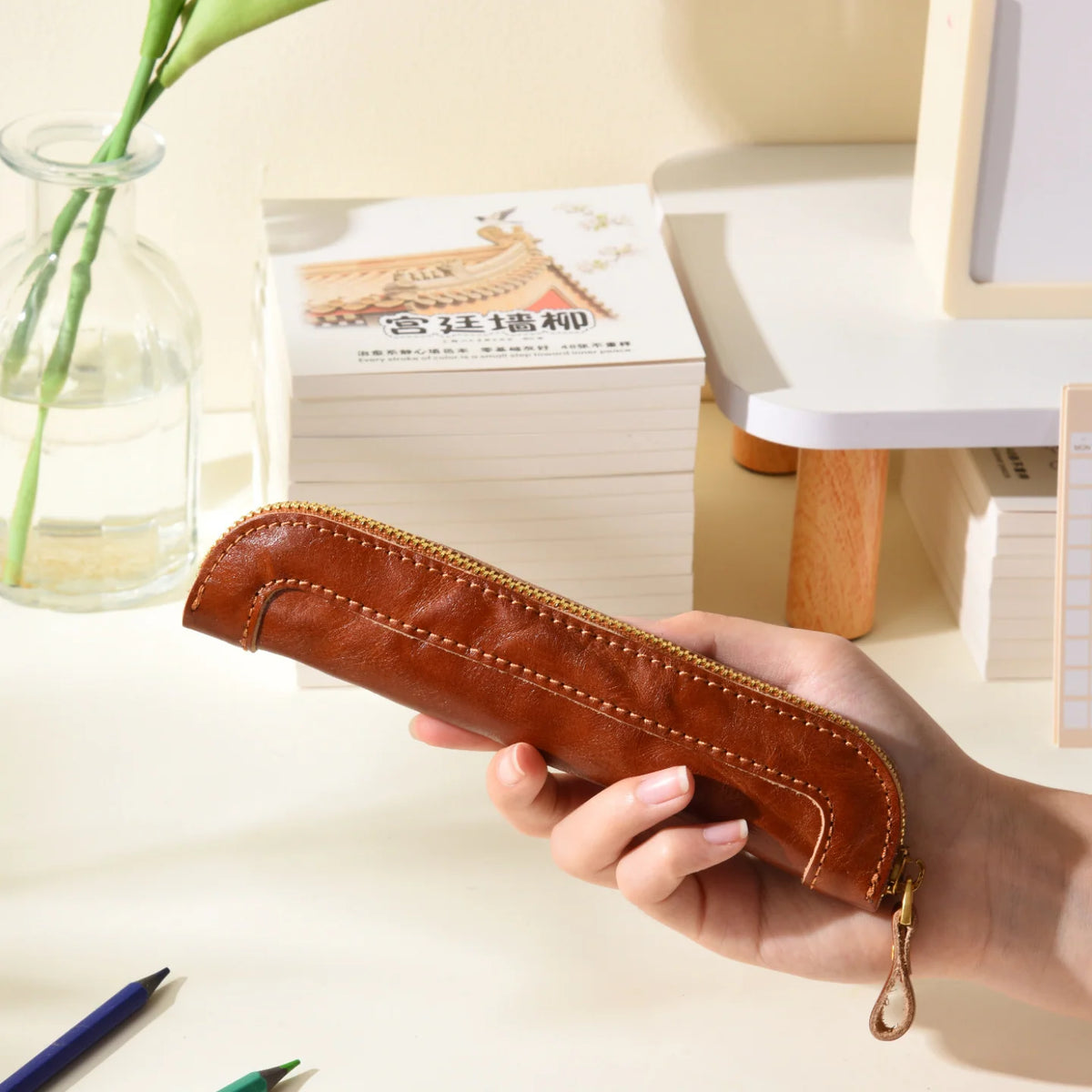 Pencil Case Leather Zipper Closure Compact Storage