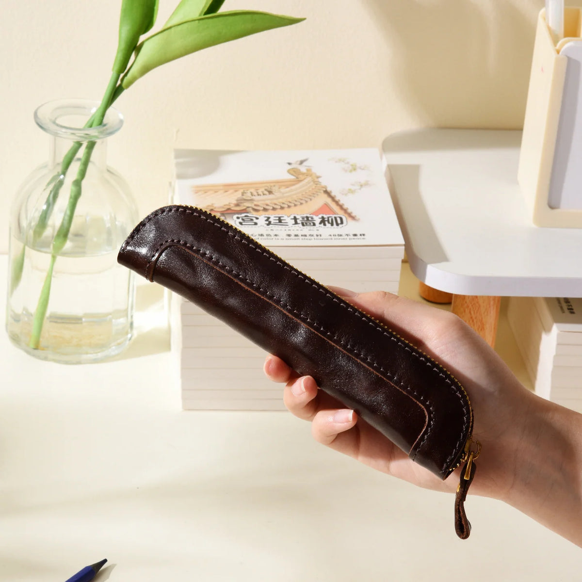 Pencil Case Leather Zipper Closure Compact Storage